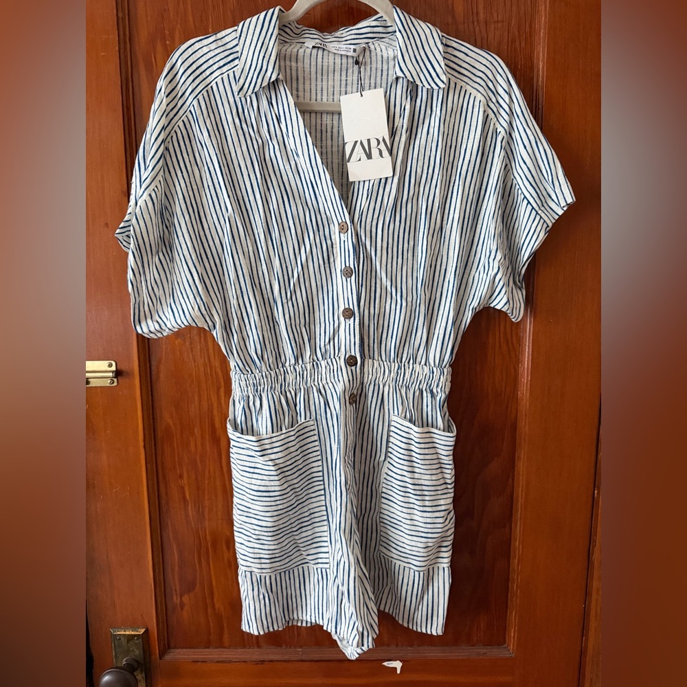 Zara blue and white striped linen romper